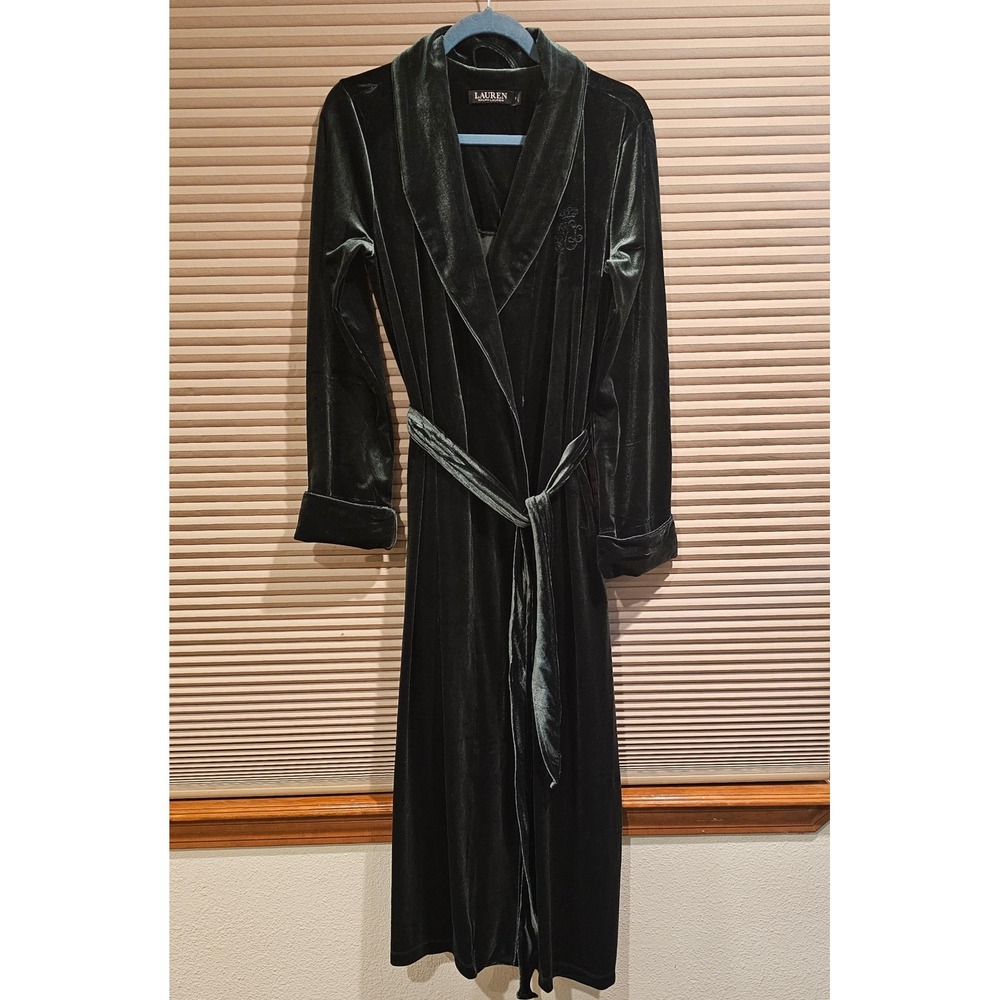 Lauren Ralph Lauren Womens Velvet Robe Green LRL Crest Embroidered Belted Small‎